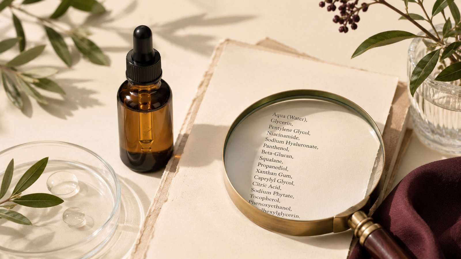 Sérum para el cuidado de la piel y lista de ingredientes